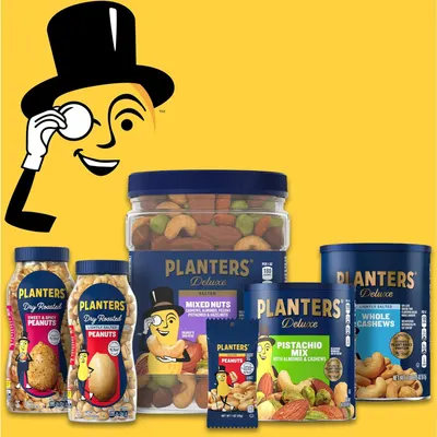 Showcases the Planters brand product portfolio and variety of nut offerings, using the iconic Mr. Peanut mascot to reinforce brand identity and help shoppers understand the range of options available.
