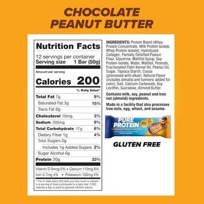 Communicates multiple key product benefits including high protein content, calorie count, gluten-free status, and complete nutritional information to help shoppers make an informed purchase decision.