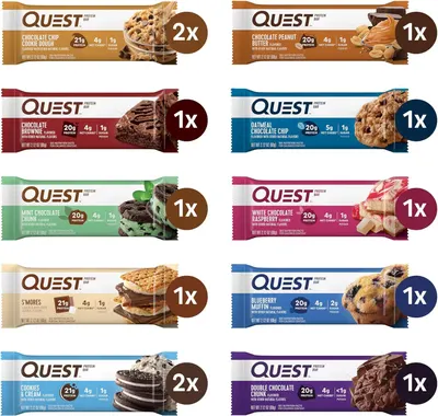 Showcases the brand's diverse product portfolio and flavor variety to help shoppers understand the full range of Quest protein bar options available.