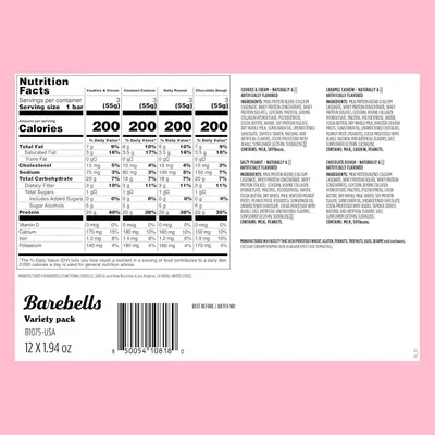 Shows the shopper the four different flavors included in the variety pack (Cookies & Cream, Caramel Cashew, Salty Peanut, Chocolate Dough) with complete nutritional information and ingredients for…