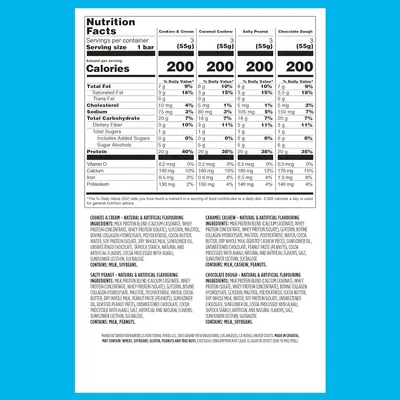 Displays the brand's product lineup by showing nutritional information and ingredients for four different flavor variants, helping shoppers compare options and choose their preferred flavor.