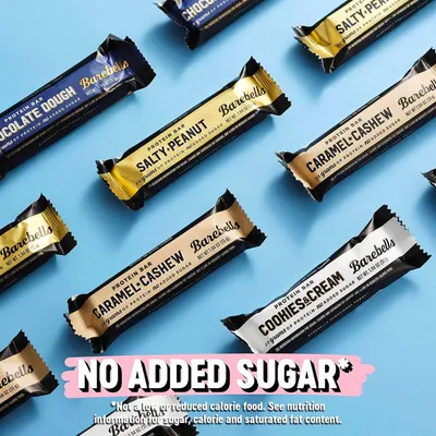 Displays the brand's full product line of protein bars in various flavors while emphasizing the 'No Added Sugar' benefit to help shoppers understand the variety available and a key health-focused…