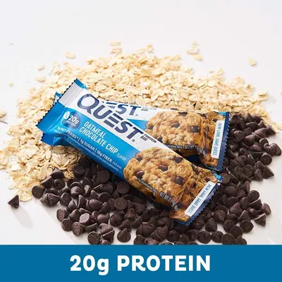 Highlights the high protein content of the Quest bar to communicate its nutritional value and appeal to health-conscious shoppers seeking protein-rich snacks. Emphasizes the key benefit of 20g…