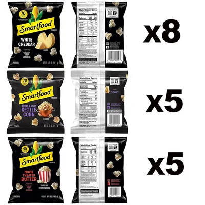 Shows the customer exactly what they will receive in this variety pack bundle: 8 bags of White Cheddar, 5 bags of Sweet & Salty Kettle Corn, and 5 bags of Movie Theater Butter popcorn, helping them…