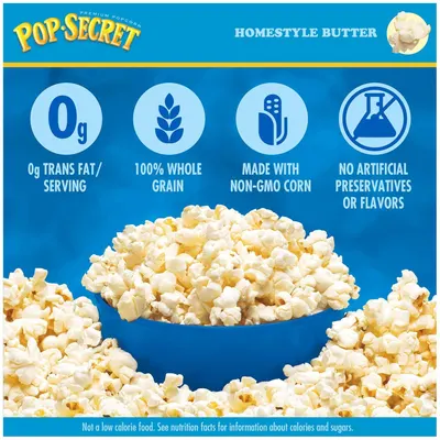 Communicates multiple health and quality benefits of the popcorn to reassure shoppers about the product's nutritional value and clean ingredients.