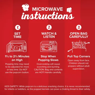 Provides step-by-step instructions for safely microwaving the product (likely popcorn), including timing, monitoring, and opening procedures, while emphasizing safety precautions for children.