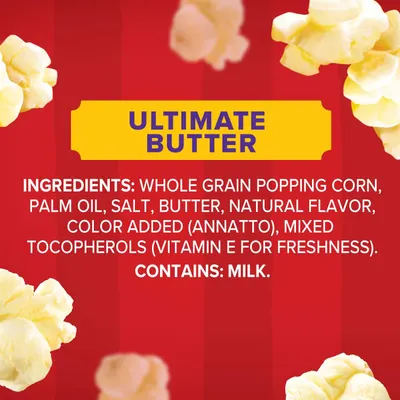 Communicates the product's butter flavor variant and provides full ingredient transparency to reassure shoppers about what's in the popcorn.