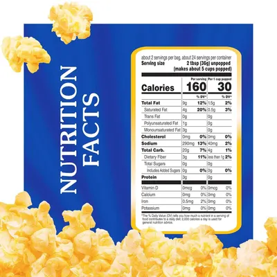 Communicates the nutritional information of the popcorn product, including calorie count, fat content, and other key dietary facts to help shoppers make informed purchasing decisions.