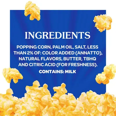 Communicates the full ingredient list to reassure shoppers about product transparency, quality, and what's inside the popcorn.