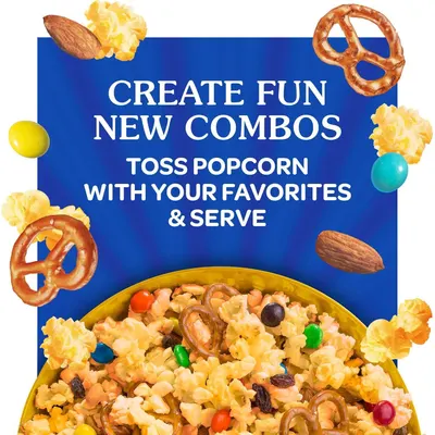 Demonstrates the product's versatility by showing how popcorn can be mixed with various snacks like pretzels, candies, and nuts to create fun custom combinations for entertaining. Highlights the…