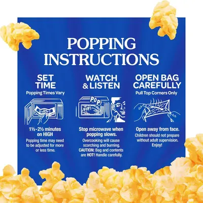 Provides step-by-step instructions on how to properly prepare microwave popcorn, including timing, monitoring, and safe opening techniques to ensure optimal results and safety.
