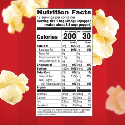 Communicates the nutritional profile of the popcorn product, emphasizing its low calorie count per serving (30 calories per cup popped) to appeal to health-conscious shoppers.