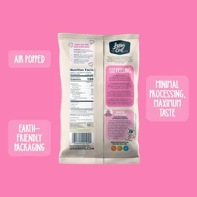 Communicates multiple distinct product benefits in a segmented layout, highlighting the air-popped preparation method, minimal processing philosophy, and sustainable packaging to appeal to…