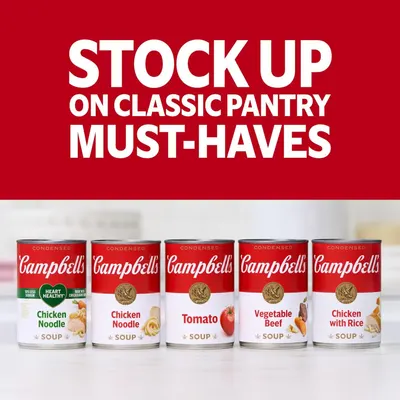 Showcases the Campbell's brand product lineup and positions these soup varieties as classic pantry staples that shoppers should stock up on.