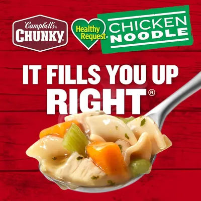 Communicates the brand identity and product line (Campbell's Chunky Healthy Request Chicken Noodle) with the tagline 'It Fills You Up Right' to establish brand recognition and emotional connection…
