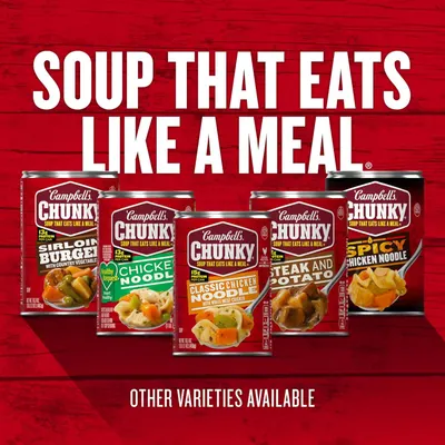 Showcases the Campbell's Chunky soup product line with multiple flavor options to help shoppers understand the variety available and reinforce the brand's positioning as hearty, meal-like soup.