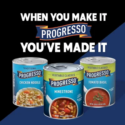 Showcases the Progresso brand's product lineup with three soup varieties while reinforcing the brand's emotional messaging and tagline to build brand recognition and trust.