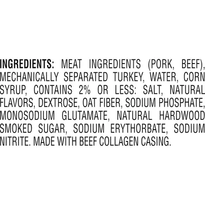 Communicates full ingredient transparency and highlights natural ingredients and beef collagen casing to reassure shoppers about product quality and what they are consuming.