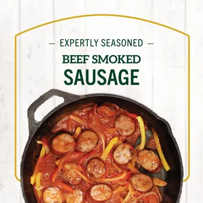 Highlights the premium seasoning and quality of the beef smoked sausage to communicate flavor and craftsmanship to the shopper.