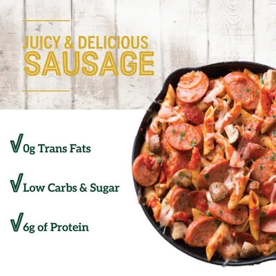 Communicates multiple nutritional benefits of the sausage product to reassure health-conscious shoppers that it's a better-for-you option with no trans fats, low carbs and sugar, and good protein…
