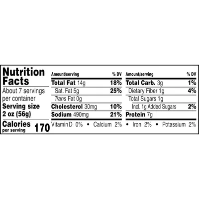 Provides detailed nutritional facts to inform shoppers about the product's calorie count, fat content, sodium levels, protein, and other key dietary information per serving.