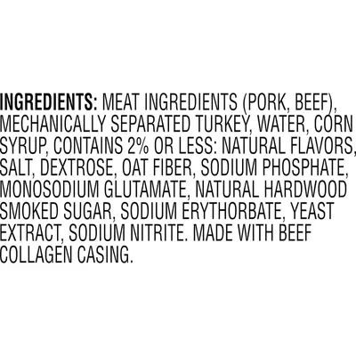 Provides transparency about what the product is made of by listing all ingredients and highlighting the beef collagen casing, reassuring shoppers about product composition and quality.