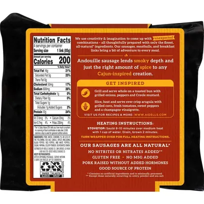 Communicates multiple distinct selling benefits of the sausage product including natural ingredients, flavor profile, dietary attributes, and health claims to appeal to health-conscious shoppers…