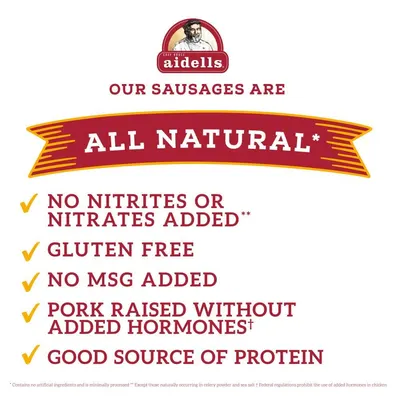 Communicates multiple health and quality benefits of the sausages to reassure shoppers about the product's natural ingredients and nutritional value.