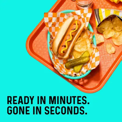 Communicates the speed and convenience of the product—it can be prepared quickly and eaten immediately, appealing to shoppers looking for fast, easy meal solutions.