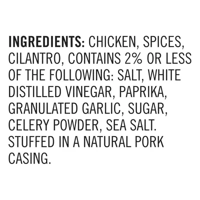 Communicates the product's ingredient list and natural casing to reassure shoppers about quality, transparency, and what they're purchasing.