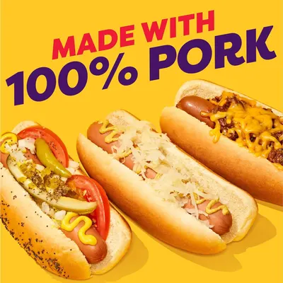 Communicates that the hot dogs are made with 100% pork, emphasizing quality and ingredient transparency to reassure shoppers about what they're buying. Highlights the single core benefit that the…