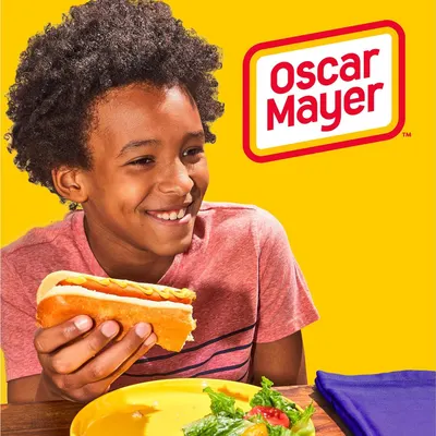This image establishes brand recognition and emotional connection by prominently featuring the Oscar Mayer logo alongside a lifestyle scene of a child enjoying their product.