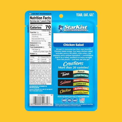 Showcases the StarKist Creations product line with more than 20 varieties available, helping shoppers understand the brand's range of flavor options including Tuna, Salmon, Chicken, Ranch, Lemon…