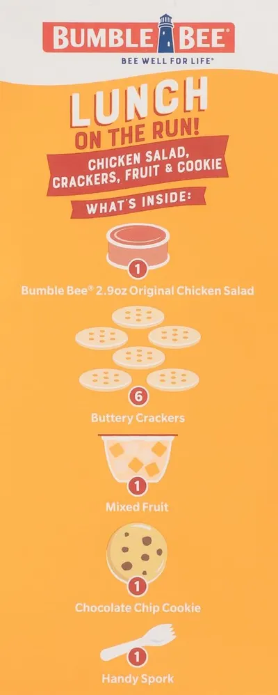 Shows shoppers exactly what's included in the lunch kit—chicken salad, crackers, fruit, cookie, and spork—to communicate convenience and value.