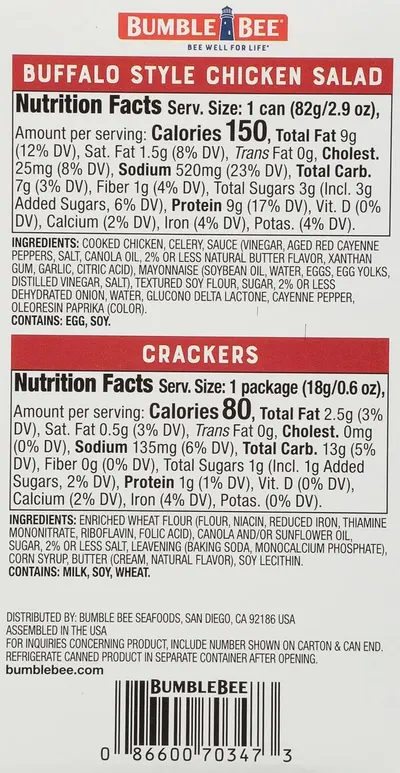 This image shows the detailed nutrition facts and ingredients for both the Buffalo Style Chicken Salad and Crackers components of the kit, helping shoppers understand exactly what they're getting…