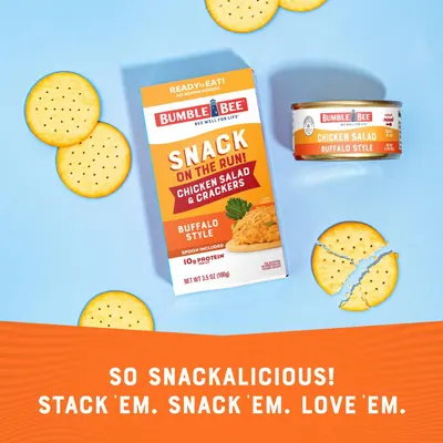 Demonstrates the product's versatility as a convenient, ready-to-eat snack by showing the chicken salad kit with crackers and the standalone can, emphasizing portability and ease of use. Highlights…