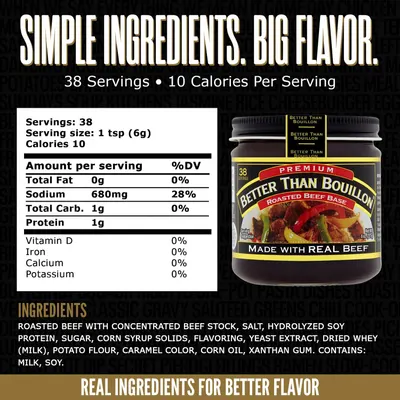 Communicates multiple product benefits including simple ingredients, generous serving count (38 servings), low calorie content (10 calories per serving), and real beef ingredients to appeal to…
