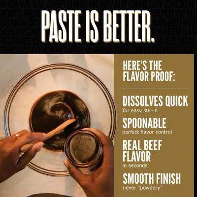Communicates multiple product benefits in a segmented layout to show why this paste product is superior: it dissolves quickly for easy stir-in, is spoonable for perfect flavor control, delivers real…