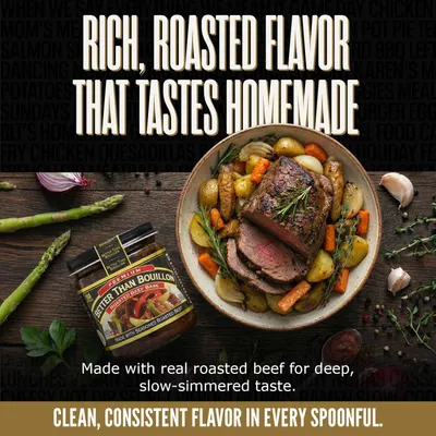 Communicates the premium, authentic, homemade flavor quality of the beef bouillon product to appeal to shoppers seeking rich taste and real ingredients.