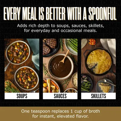 Demonstrates the versatility of the spoonful product by showing three distinct cooking applications (soups, sauces, and skillets) to communicate that it enhances multiple types of meals. Highlights…