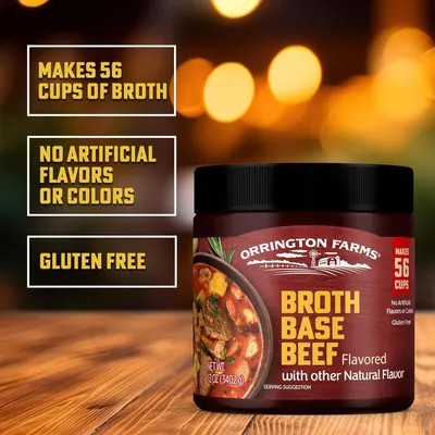 Communicates multiple key selling benefits of the broth base product in a visually segmented layout to reassure shoppers about quantity, natural ingredients, and dietary compatibility.