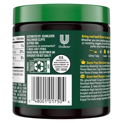 Provides clear usage instructions showing how to prepare stock and use the product in recipes like beef burgers, helping shoppers understand the product's versatility and ease of use.