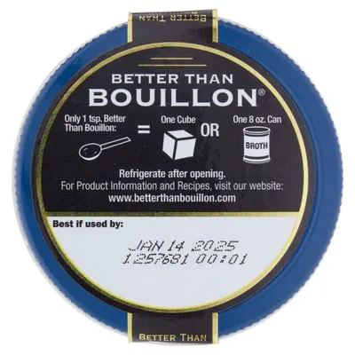 Communicates that one teaspoon of this product equals one bouillon cube or one 8 oz. can of broth, demonstrating superior concentration and value to shoppers. Positions the product as superior to…