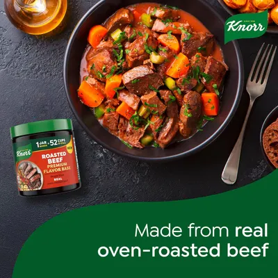 Communicates the premium quality and authenticity of the product by emphasizing it is made from real oven-roasted beef, reassuring shoppers about ingredient quality.