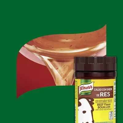 Shows the Knorr beef bouillon product jar alongside prepared broth to give shoppers a clear view of both the product packaging and the end result.
