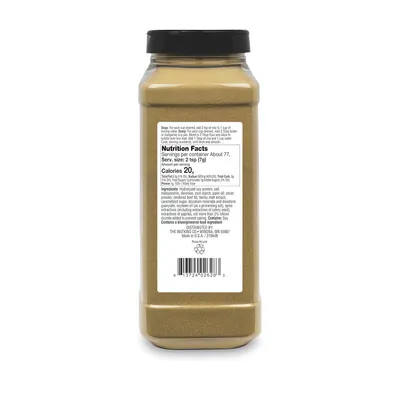 Displays the product in a clean, catalog-style format showing the back label with nutrition facts and ingredients for shopper reference.