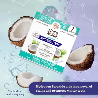 Communicates the key whitening benefit of the product using hydrogen peroxide to remove stains and promote whiter teeth, while highlighting the natural coconut oil ingredient.