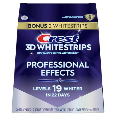 Communicates multiple key selling benefits including professional-level whitening results, specific performance metrics (19 levels whiter in 22 days), safety credentials (enamel safe, dentist…