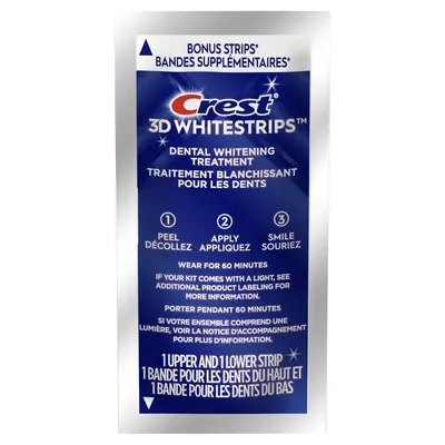 Provides clear step-by-step instructions on how to use the whitening strips (peel, apply, smile) to ensure proper application and effectiveness. Communicates the simplicity and convenience of the…