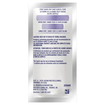 Explains the physical components of the whitening strips (upper and lower strips) and informs shoppers that strip shapes may vary across items, helping them understand what to expect in the package.…